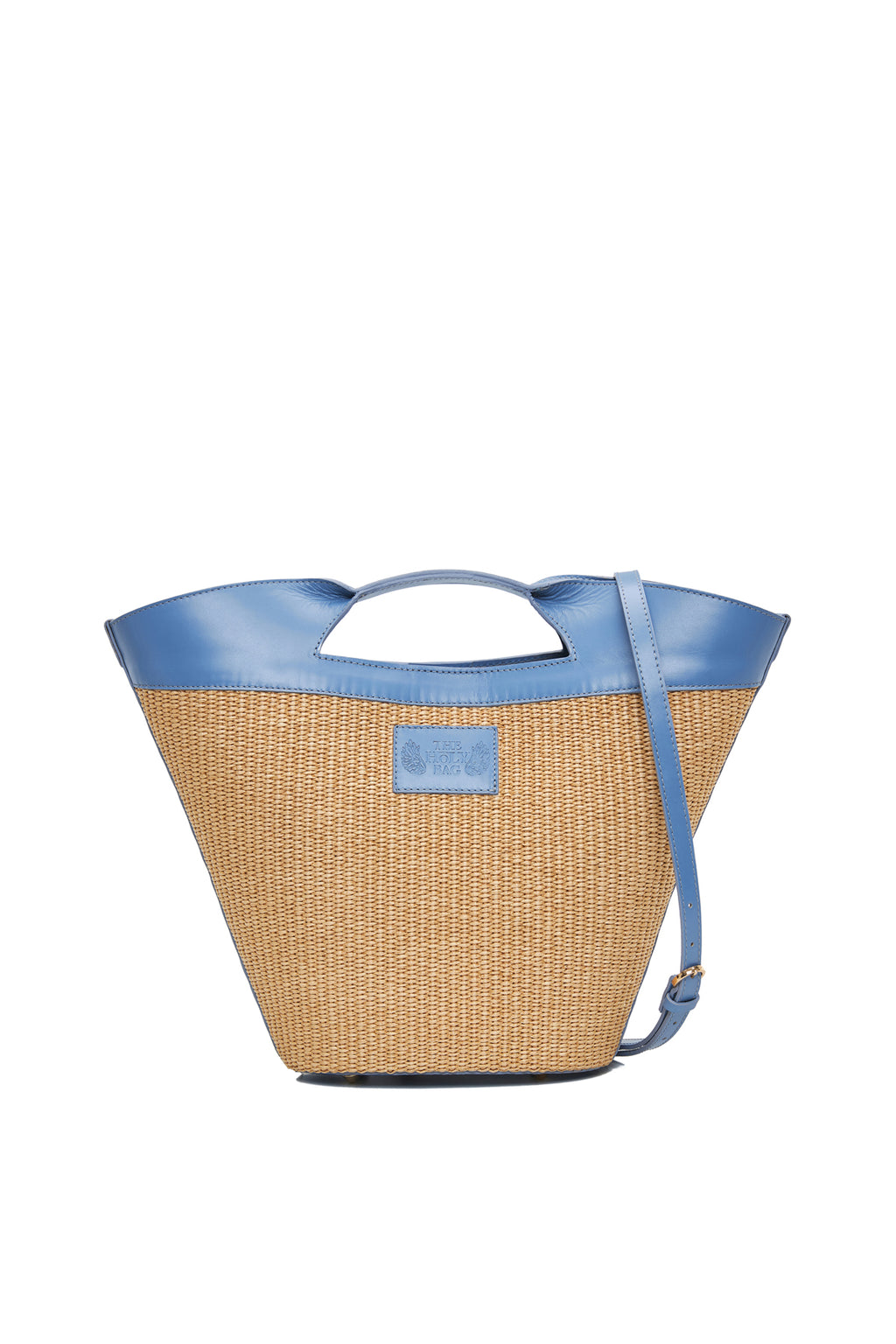 theholybag Ostria shopper τσάντα από ψάθα αι δέρμα σε γαλάζιο χρώμα, με αποσπώμενο λουράκι ώμου και εσωτερικές τσέπες. Χειροποίητη στην Ελλάδα.
