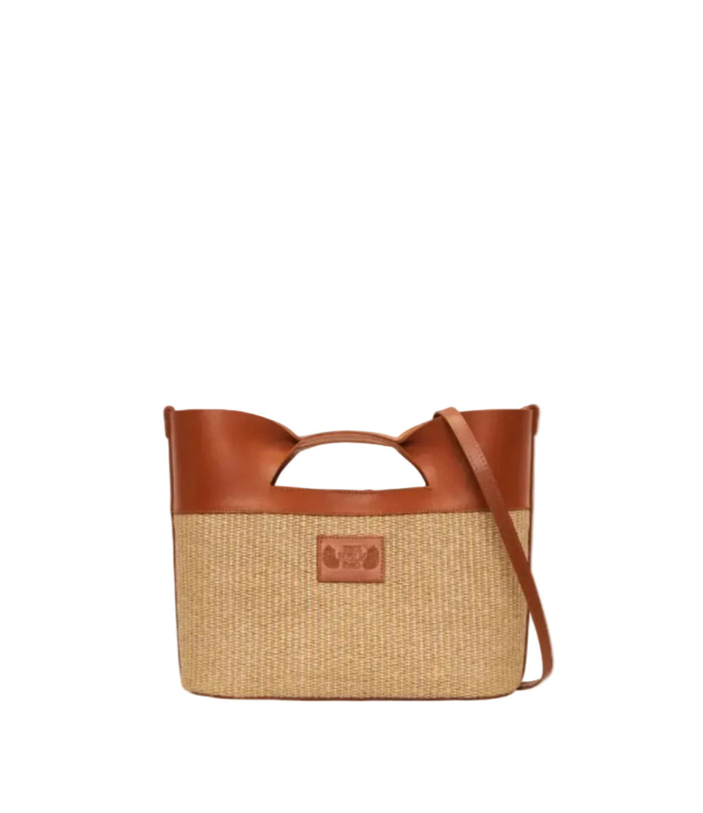 theholybag canis major mini tote τσάντα από ψάθα σε φυσικό χρώμα και ταμπά δέρμα με λουράκι ώμου