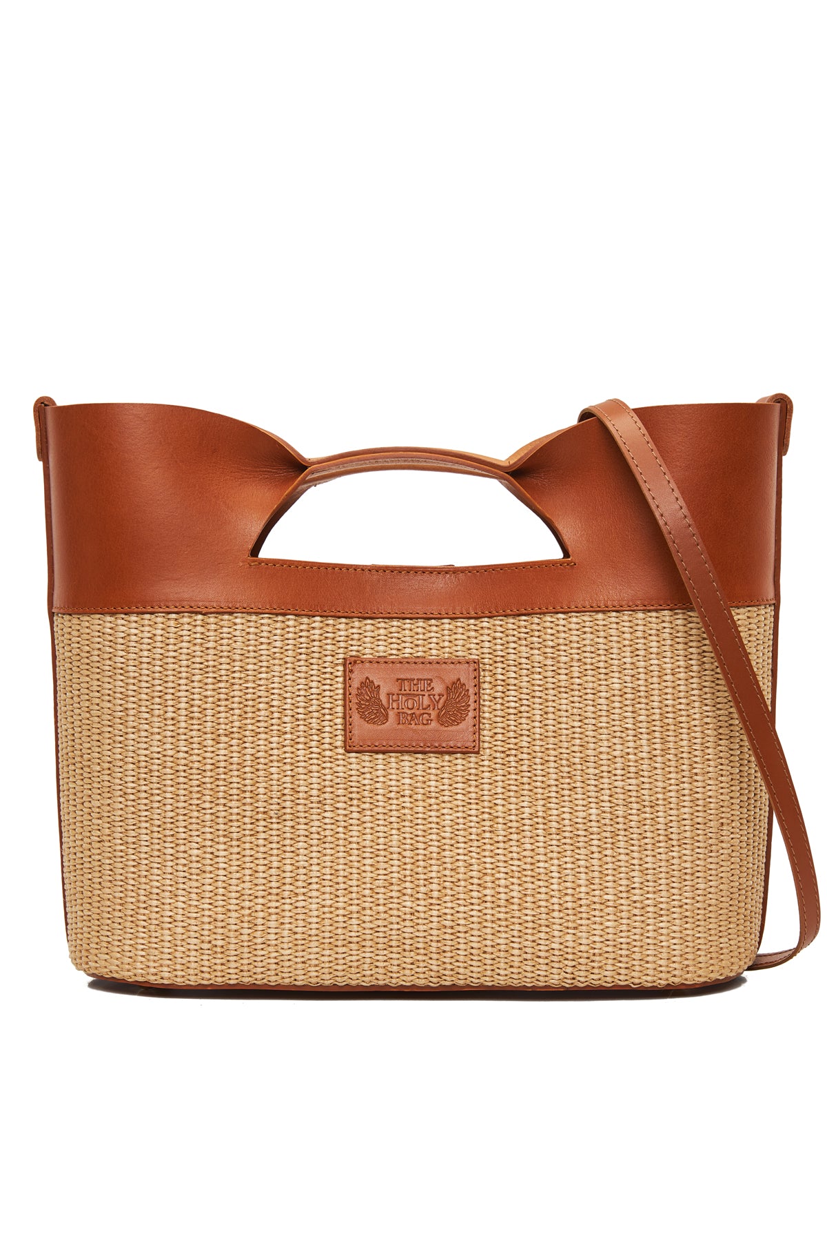 theholybag canis major mini tote τσάντα από ψάθα σε φυσικό χρώμα και ταμπά δέρμα με λουράκι ώμου