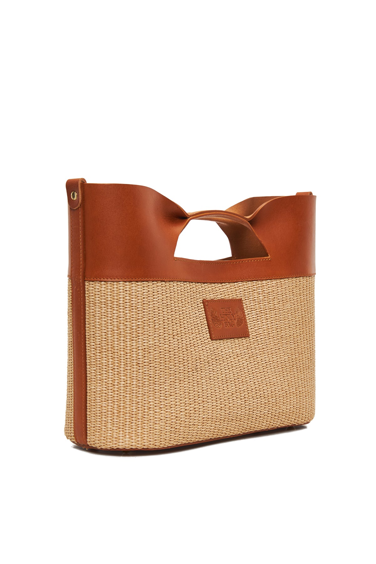 theholybag canis major mini tote τσάντα από ψάθα σε φυσικό χρώμα και ταμπά δέρμα με λουράκι ώμου