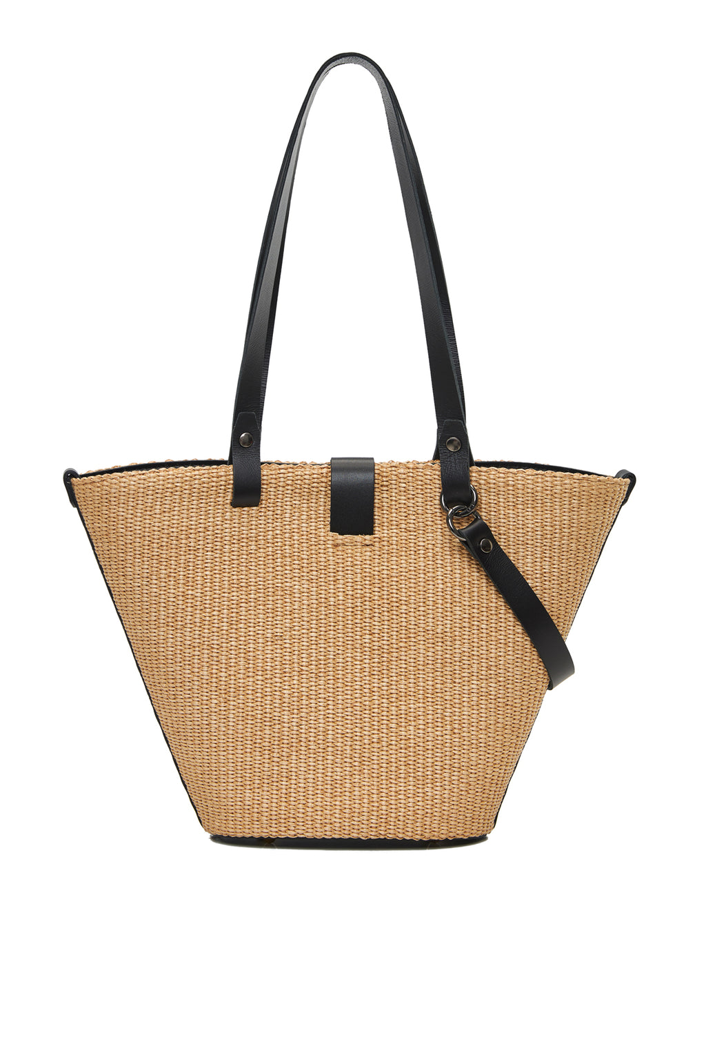 theholy bag γυναικεια τσαντα ώμου με διπλό λουράκι από ψάθα και μαύρο δέρμα με διακοσμητικό και μαγνήτη