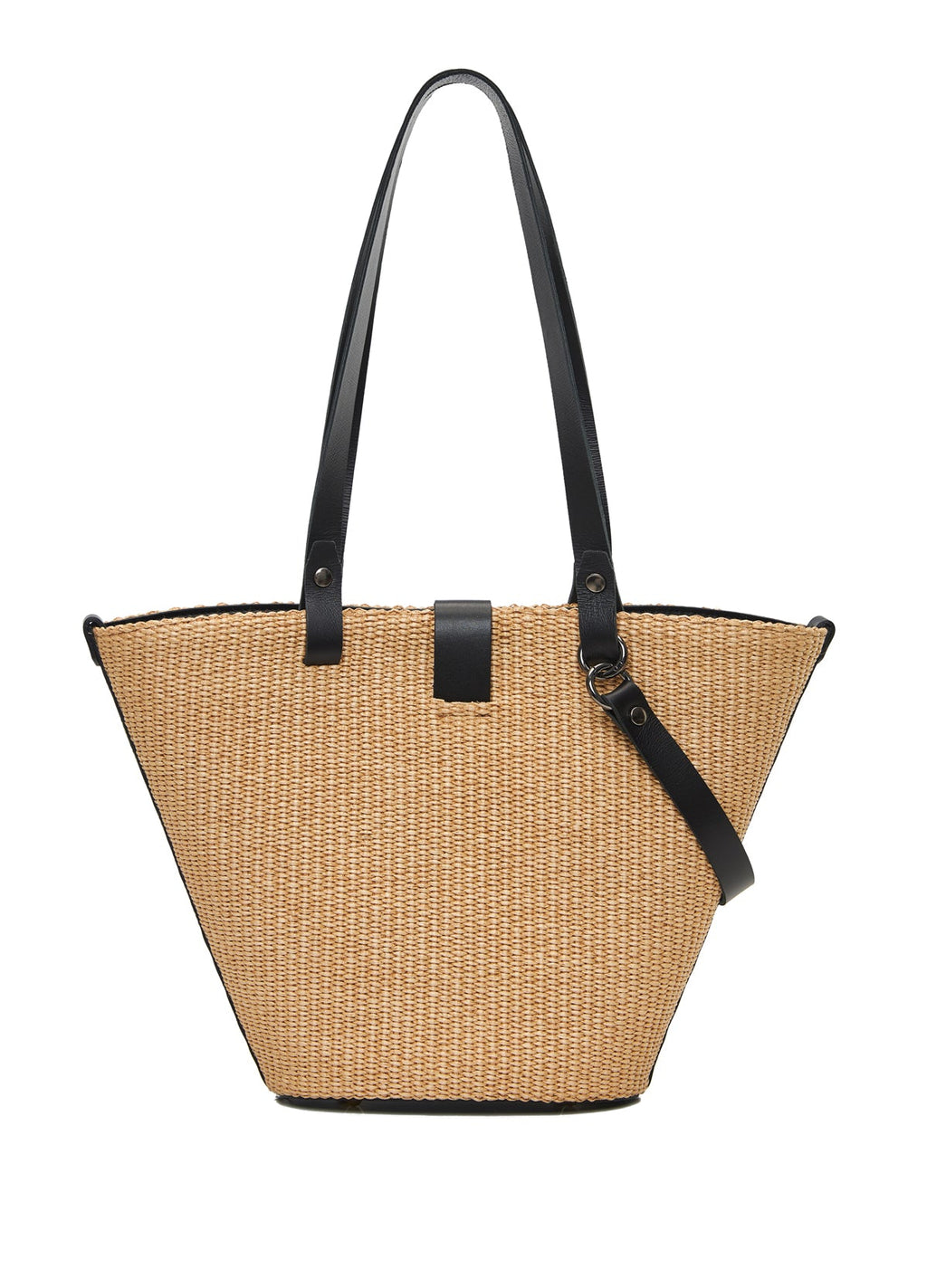 theholy bag γυναικεια τσαντα ώμου με διπλό λουράκι από ψάθα και μαύρο δέρμα με διακοσμητικό και μαγνήτη