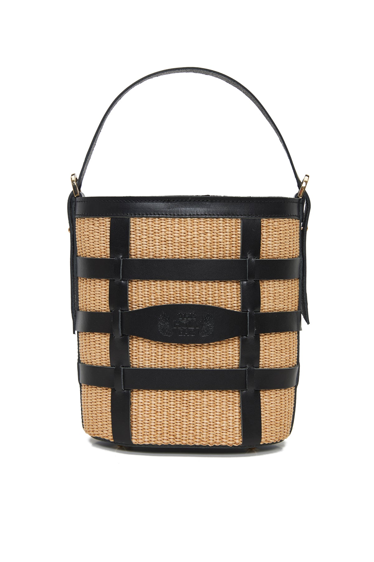 Theholybag γυναικεία bucket τσάντα από ψάθα σε φυσικό χρώμα και μαύρο δέρμα 