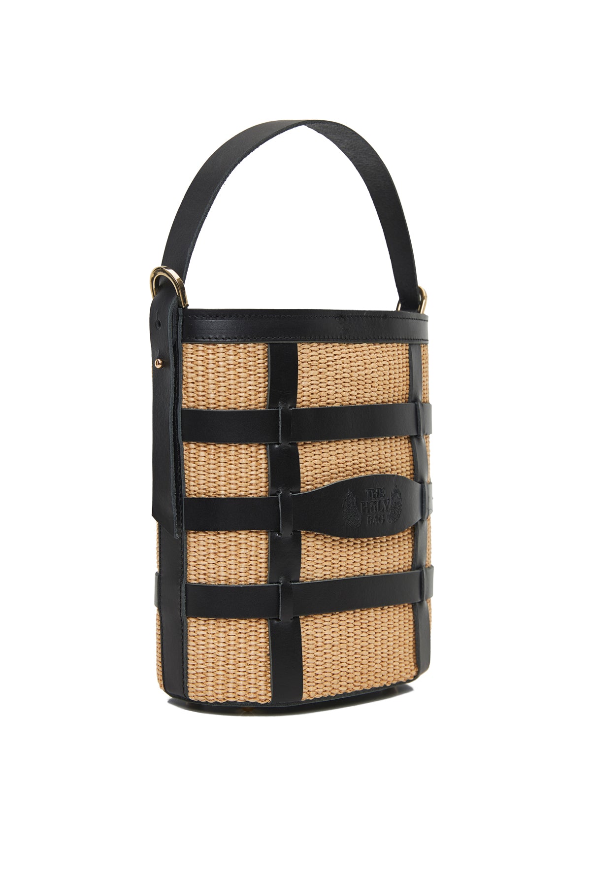 Theholybag γυναικεία bucket τσάντα από ψάθα σε φυσικό χρώμα και μαύρο δέρμα, με με λουράκι περασμένα στο χέρι και handle που αυξομειώνεται. 