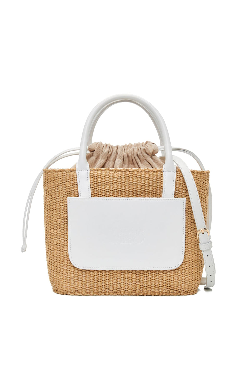 theholybag γυναικεία τσάντα καλάθι από ψάθα και λευκό δέρμα, με εξωτερική τσέπη και διπλή λαβή. Με εσωτερικό πουγκί και αποσπώμενο λουράκι ώμου.