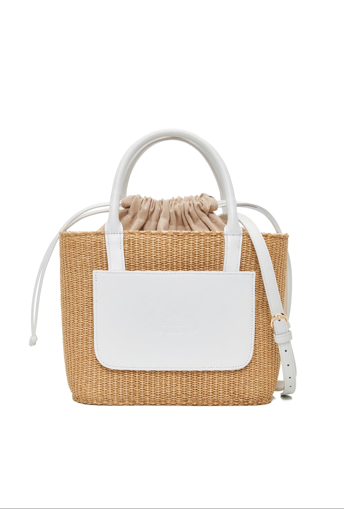 theholybag γυναικεία τσάντα καλάθι από ψάθα και λευκό δέρμα, με εξωτερική τσέπη και διπλή λαβή. Με εσωτερικό πουγκί και αποσπώμενο λουράκι ώμου.