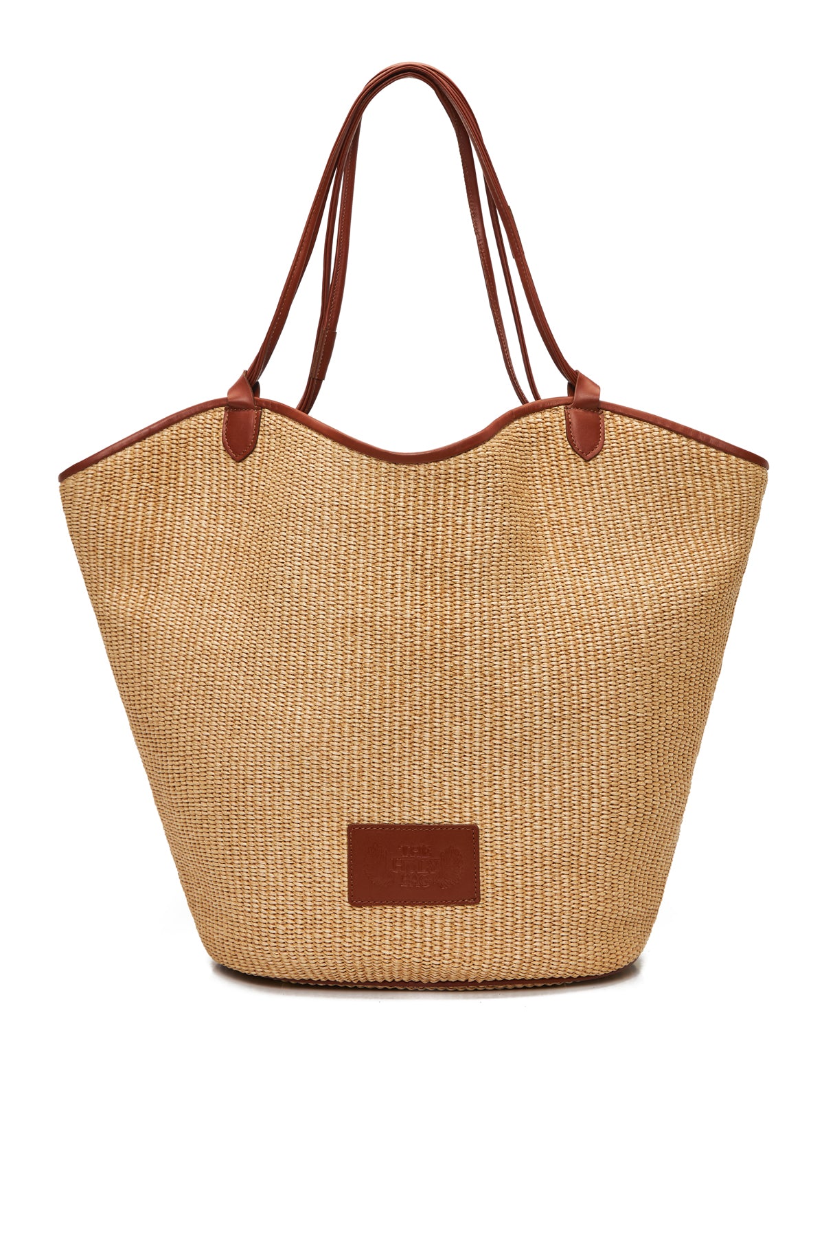 TheHolyBag Γυναικεία μαλακή τσάντα ώμου από ψάθα, με δερμάτινα διπλά λουράκια και δερμάτινες λεπτομέρειες σε ταμπά χρώμα. Με βαμβακερή επένδυση και εσωτερική τσέπη.