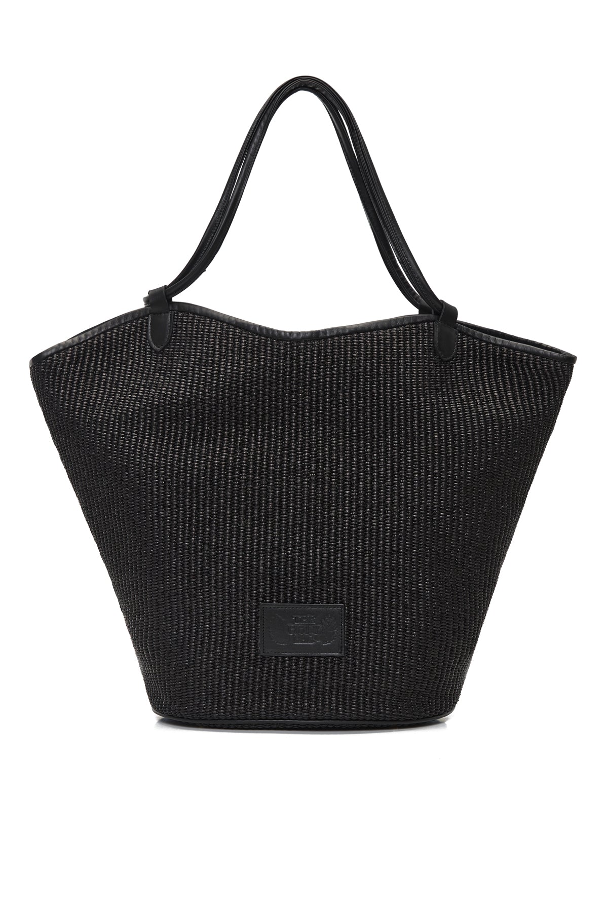 TheHolyBag Γυναικεία μαλακή τσάντα ώμου από μαύρη ψάθα, με μαύρα δερμάτινα διπλά λουράκια και δερμάτινες λεπτομέρειες. Με βαμβακερή επένδυση και εσωτερική τσέπη.