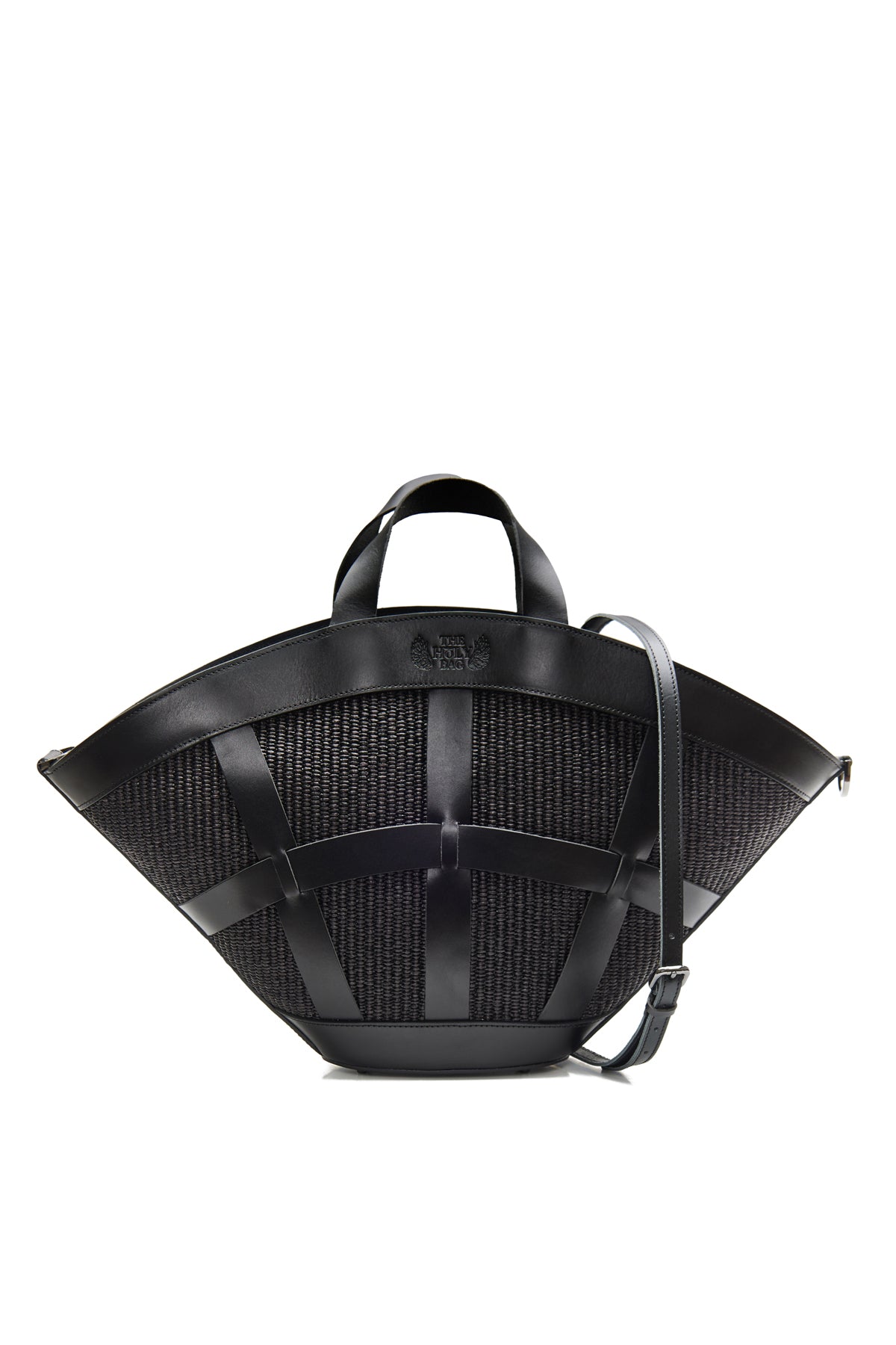 The Holy bag, shopper γυναικεια τσάντα από μαύρη ψάθα και μαύρο δέρμα με top handles και αποσπώμενο λουράκι ώμου. Χειροποίητη στην Ελλάδα.