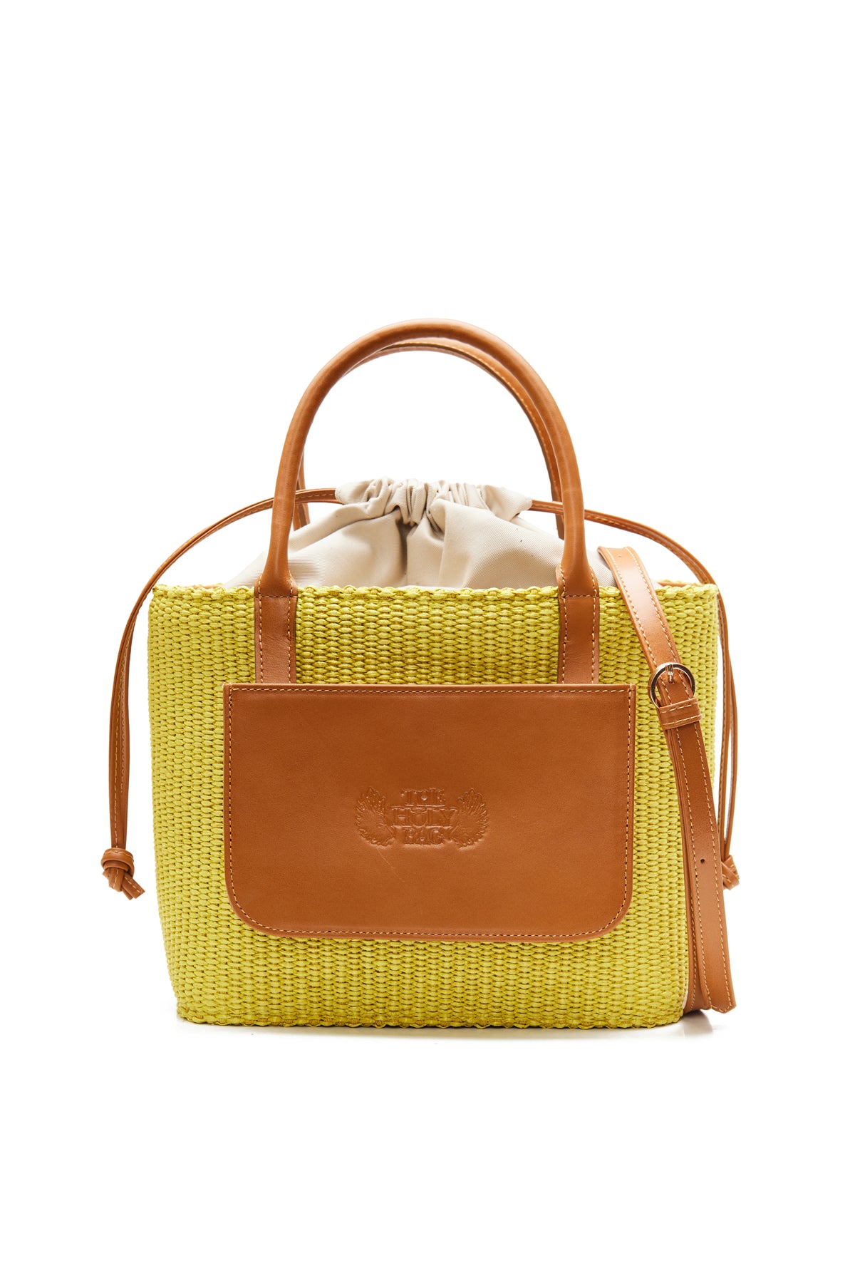 theholybag γυναικεία τσάντα καλάθι από lime ψάθα και ταμπά δέρμα, με εξωτερική τσέπη και διπλή λαβή. Με εσωτερικό πουγκί και αποσπώμενο λουράκι ώμου.
