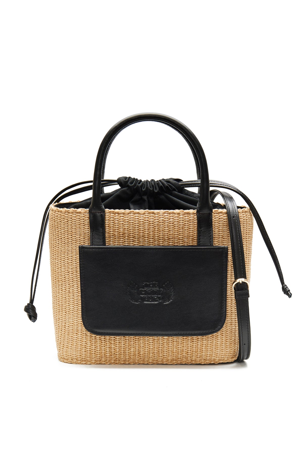theholybag γυναικεία τσάντα καλάθι από ψάθα και μαύρο δέρμα, με εξωτερική τσέπη και διπλή λαβή. Με εσωτερικό πουγκί και αποσπώμενο λουράκι ώμου.
