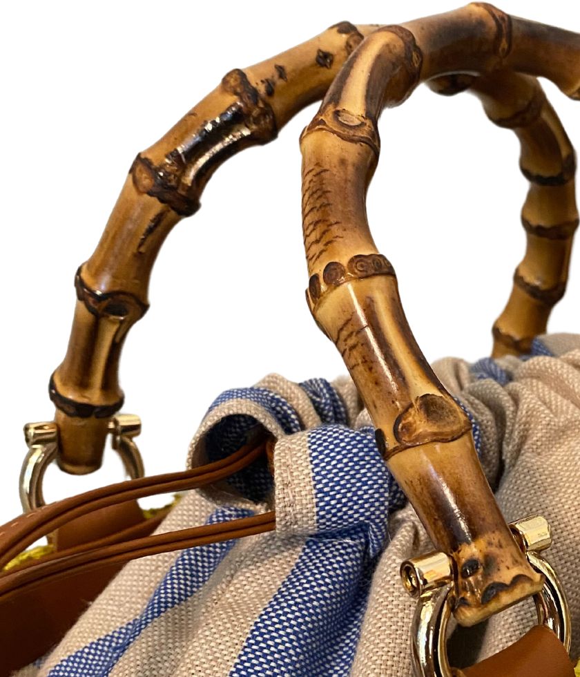 TheHolyBag Τσάντα basket από ψάθα και δέρμα με χερούλια από αληθινό μπαμπού και βαμβακερό πουγκί που σουρώνει επάνω με δερμάτινα κορδόνια.