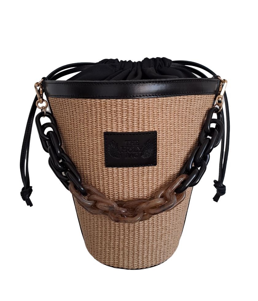 Straw bucket bag with tortoiseshell handle, Eleni - The Holy Bag