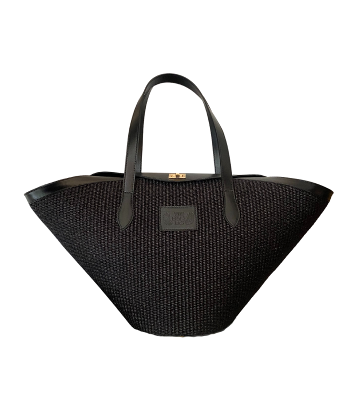 TheHolyBag Μεγάλη τσάντα ώμου με ασύμμετρο καπάκι, από μαύρη ψάθα και μαύρο δέρμα.