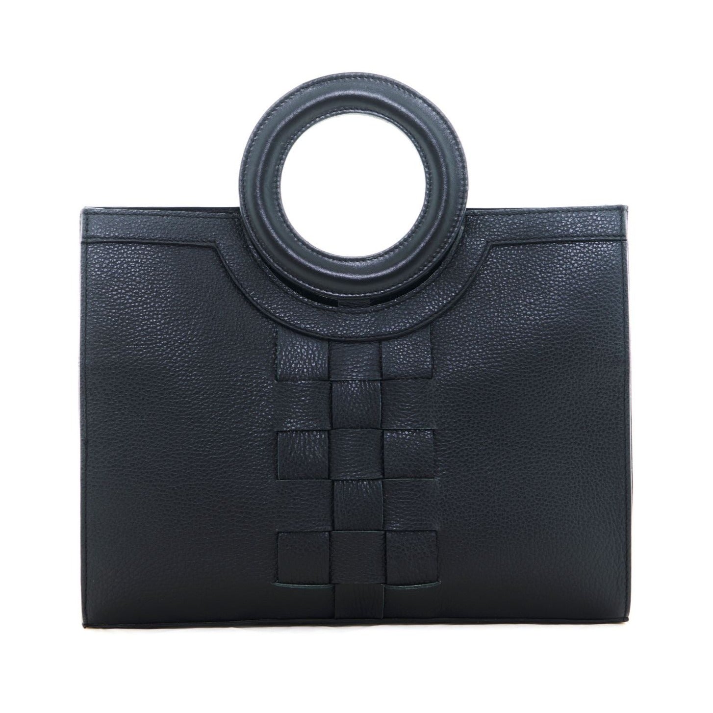EUTERPE - The Holy Bag tote bag in black leather, knitted design and round handles. Shoulder strap.