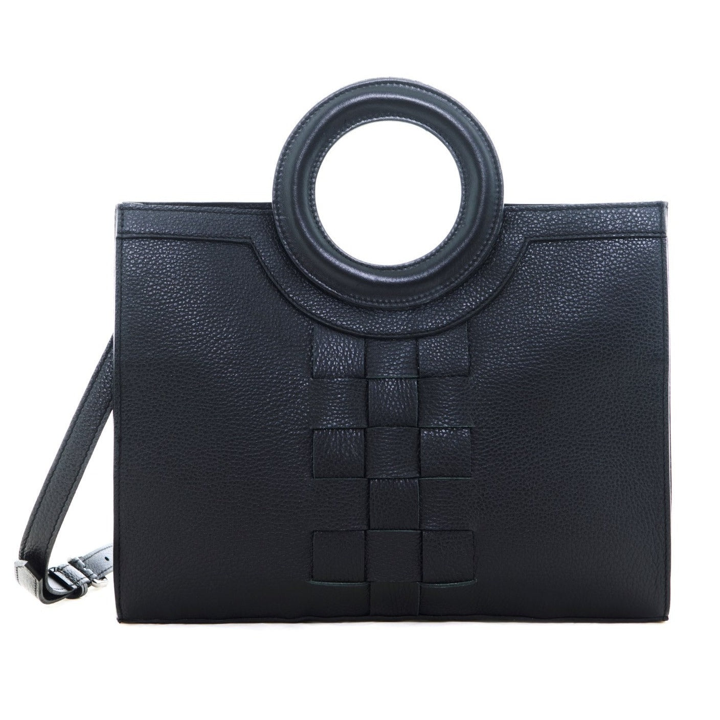 EUTERPE - The Holy Bag tote bag in black leather, knitted design and round handles. Shoulder strap.