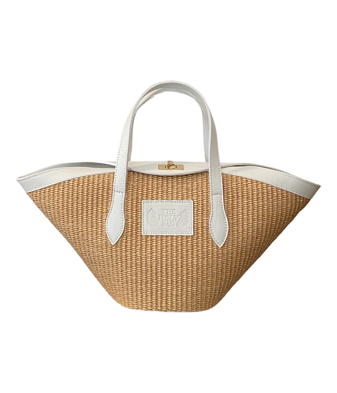 TheHolyBag Τσάντα ώμου με ασύμμετρο καπάκι από λευκό δέρμα, που κλείνει με στριφτό κούμπωμα. 