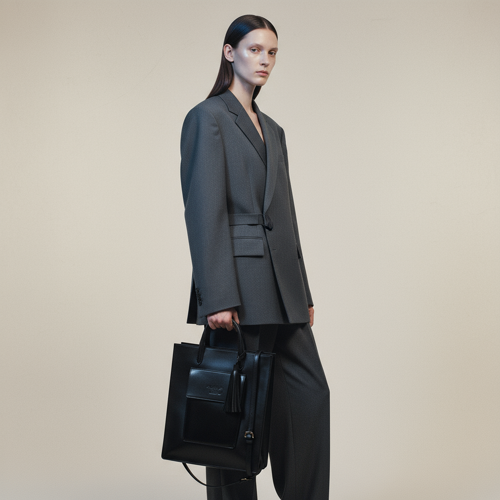 Achelois unisex leather tote bag with top handles, front flap pocket and detachable shoulder strap.