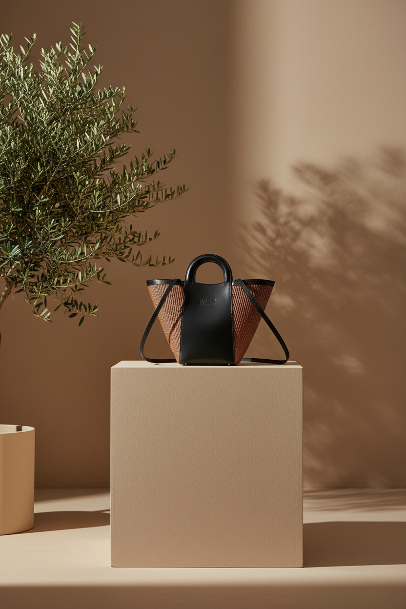 Shopper bag in marrone color straw and black leather. Top handles, adjustable and detachable crossbody strap. One inner pocket, magnetic closure. The Holy Bag
Γυναικεία τσάντα shopper από μαύρο δερμα και ψάθα σε καφέ χρώμα, με αποσπώμενο λουράκι ώμου, εσωτερική τσέπη, κλείσιμο με μαγνήτη. Theholybag