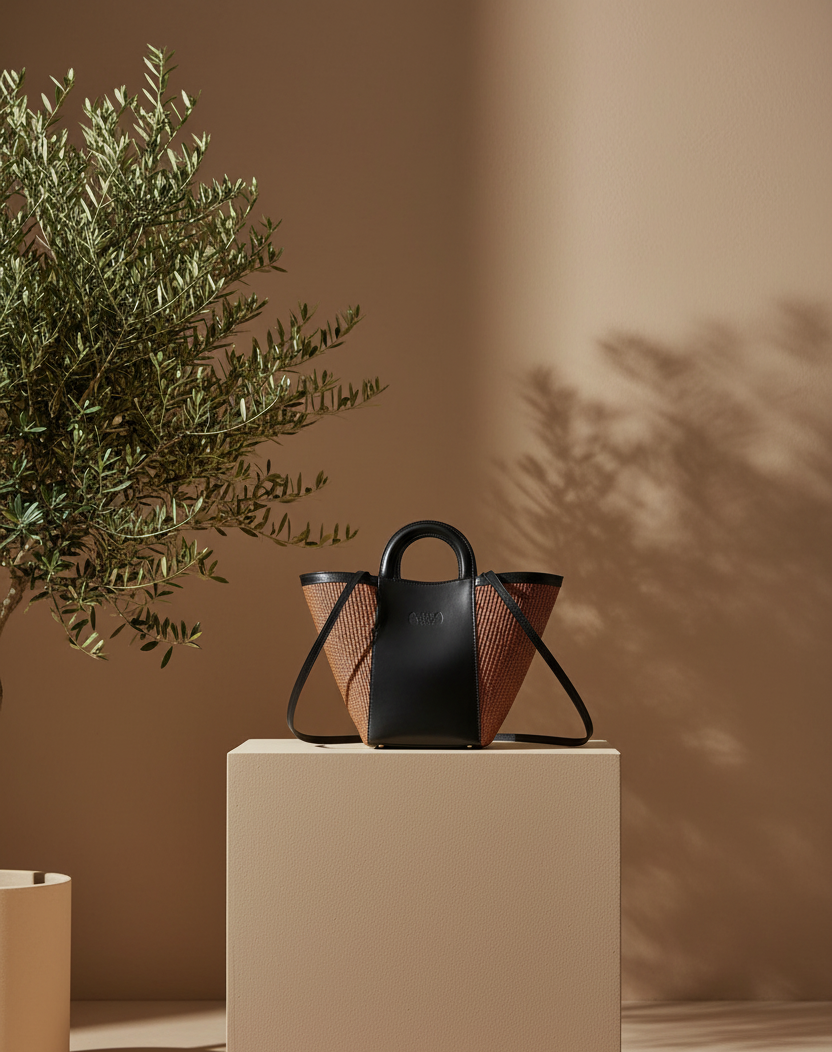 Shopper bag in marrone color straw and black leather. Top handles, adjustable and detachable crossbody strap. One inner pocket, magnetic closure. The Holy Bag
Γυναικεία τσάντα shopper από μαύρο δερμα και ψάθα σε καφέ χρώμα, με αποσπώμενο λουράκι ώμου, εσωτερική τσέπη, κλείσιμο με μαγνήτη. Theholybag