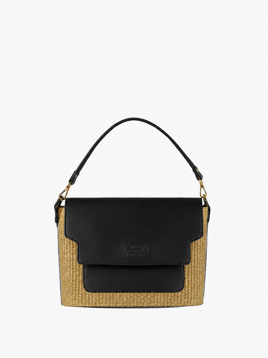 Handbag with black leather flap and  straw body. With an outer pocket, handle and a shoulder strap. The Holy Bag
Τσάντα ώμου-χειρός από ψάθα και μαύρο δέρμα. Με καπάκι και εξωτερική τσέπη. Λουράκι χειρός και αποσπώμενο λουράκι ώμου The Holy Bag