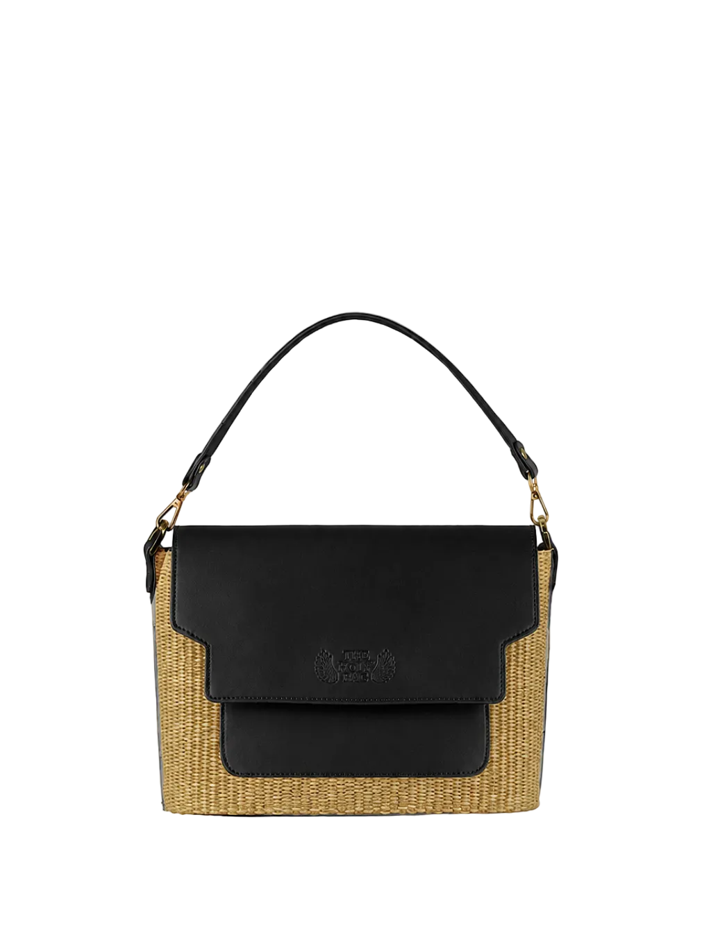 Handbag with black leather flap and  straw body. With an outer pocket, handle and a shoulder strap. The Holy Bag
Τσάντα ώμου-χειρός από ψάθα και μαύρο δέρμα. Με καπάκι και εξωτερική τσέπη. Λουράκι χειρός και αποσπώμενο λουράκι ώμου The Holy Bag