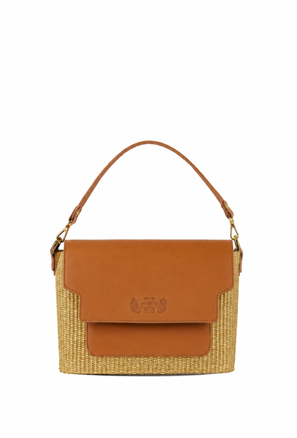Handbag with tobacco leather flap and  straw body. With an outer pocket, handle and a shoulder strap. The Holy Bag
Τσάντα ώμου-χειρός από ψάθα και ταμπά δέρμα. Με καπάκι και εξωτερική τσέπη. Λουράκι χειρός και αποσπώμενο λουράκι ώμου The Holy Bag