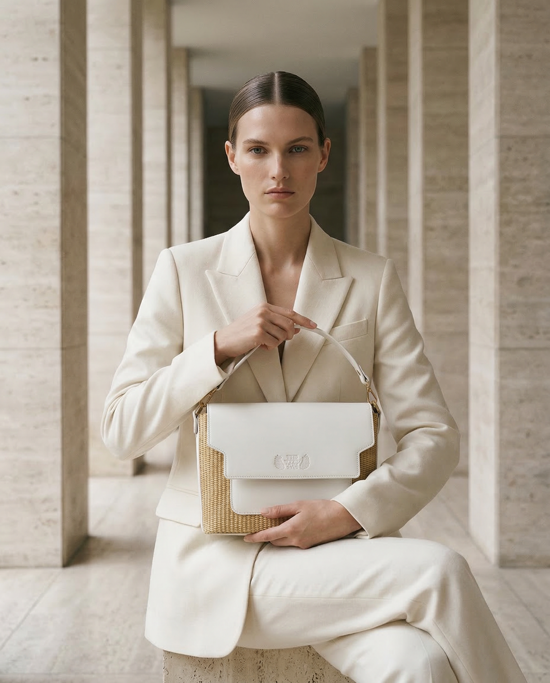 Handbag in white leather flap, outer pocket, one short handle and a shoulder strap. Inner pocket. The Holy Bag
Γυναικεία tote τσάντα από ψάθα σε φυσικό χρώμα και λευκό δέρμα, με εξωτερική τσέπη μπροστά και καπάκι. Ένα λουράκι χειρός-ώμου και έξτρα αποσπώμενο λουράκι ώμου.  THEHOLYBAG