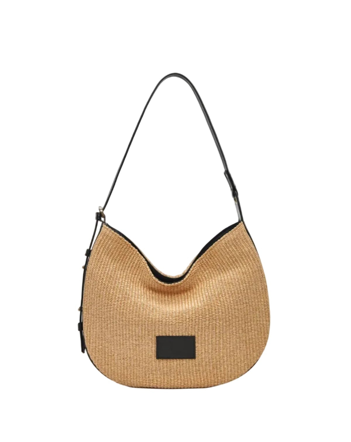 theholybag γυναικεία τσάντα ώμου από ψάθα και μαύρο δέρμα με λουράκι που αυξομειώνεται