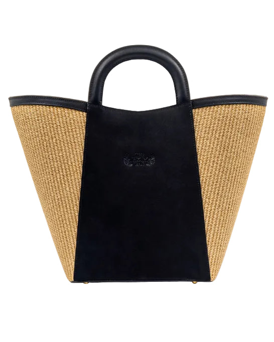 Black and beige handbag with a visible brand logo on a white background