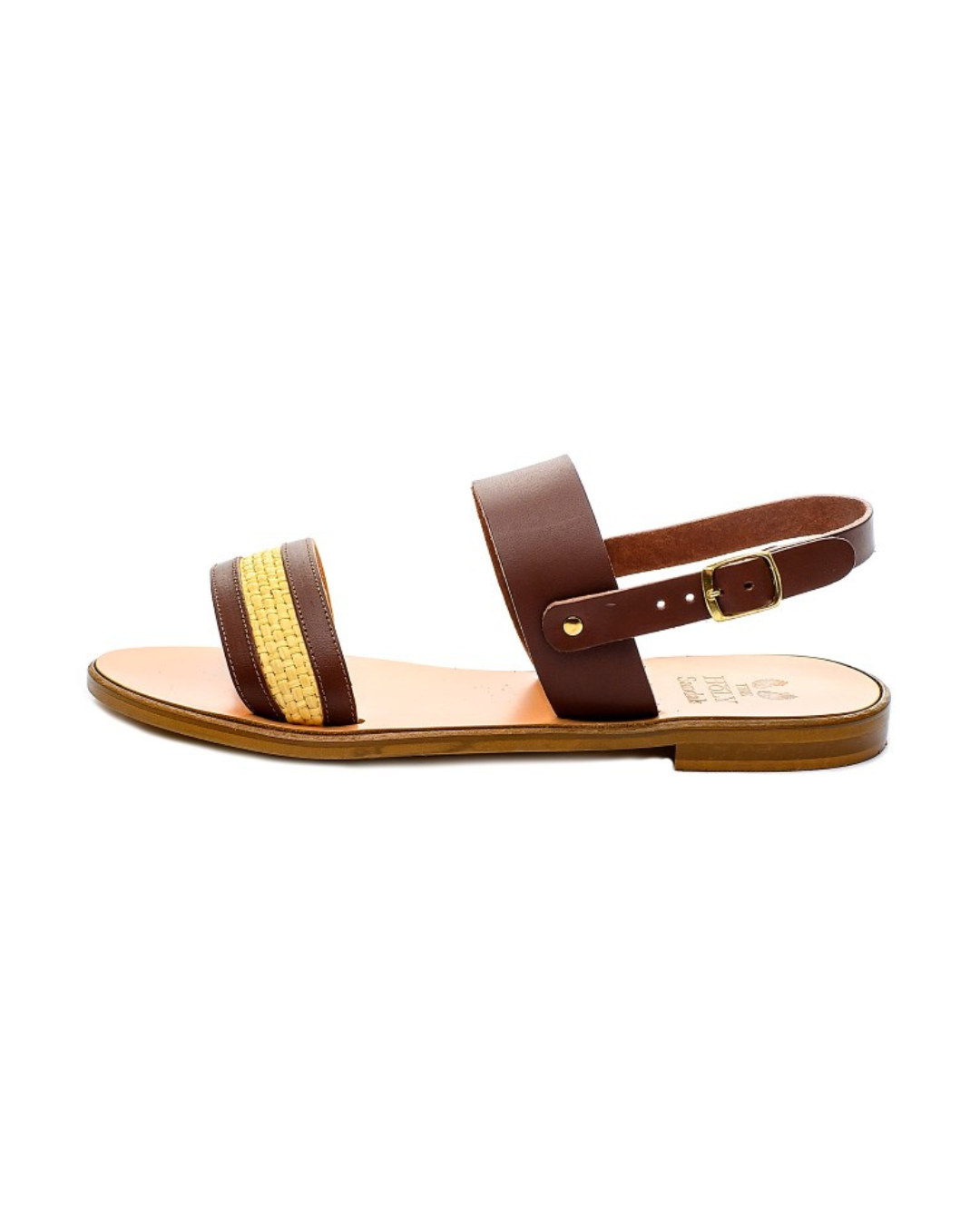 TheHolySandals Γυναικεία σανδάλια από δέρμα σε σκούρο καφέ χρώμα και ψάθα. Με διπλή φάσα και λεπτό λουράκι που κουμπώνει στον αστράγαλο.