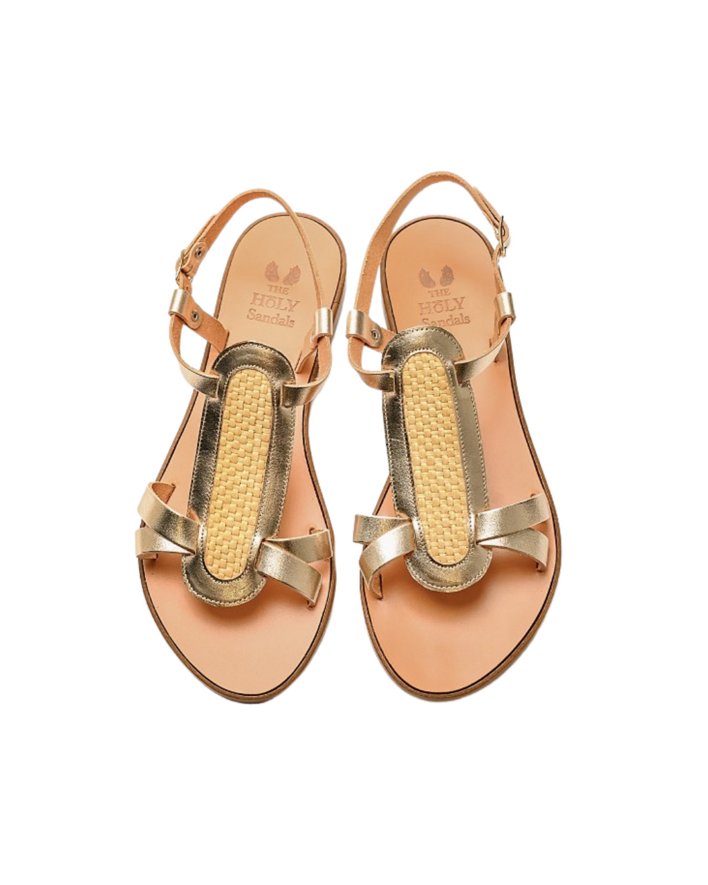 TheHolySandals Σανδάλια από δέρμα σε platinum χρώμα και ψάθα. Με γλώσσα και χιαστί λουράκι μπροστά και λουράκι που κουμπώνει στον αστράγαλο.