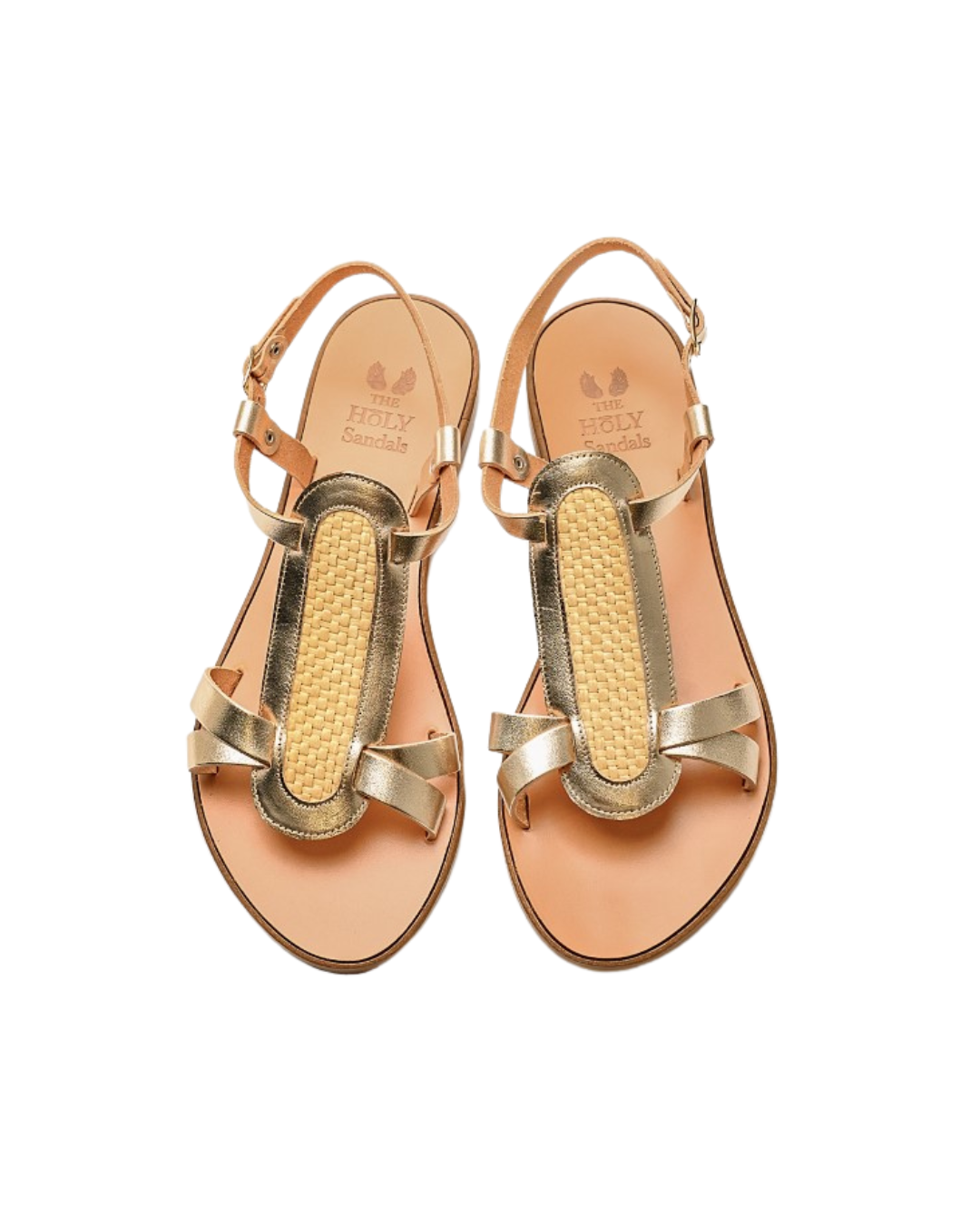 TheHolySandals Σανδάλια από δέρμα σε platinum χρώμα και ψάθα. Με γλώσσα και χιαστί λουράκι μπροστά και λουράκι που κουμπώνει στον αστράγαλο.
