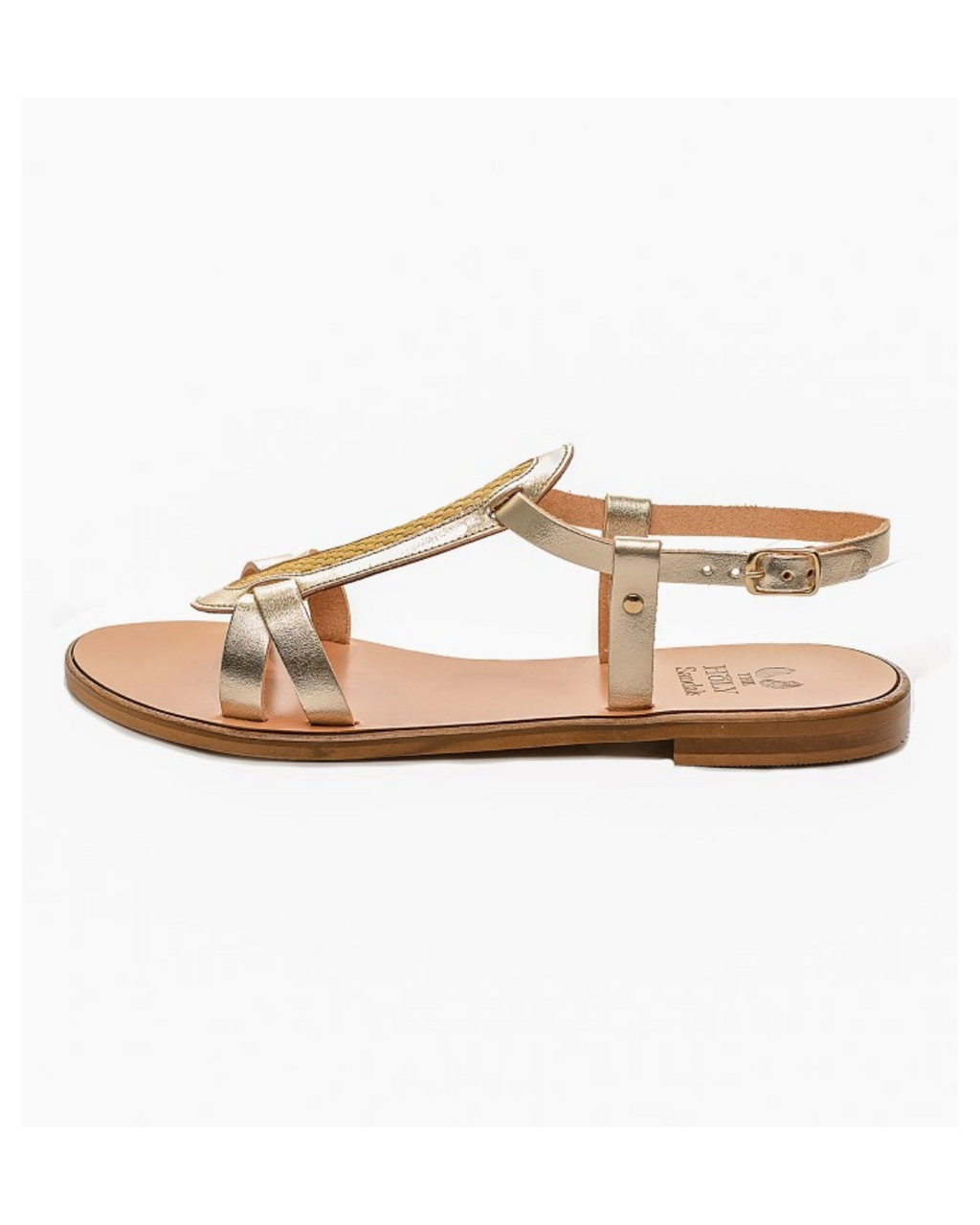 TheHolySandals Σανδάλια από δέρμα σε platinum χρώμα και ψάθα. Με γλώσσα και χιαστί λουράκι μπροστά και λουράκι που κουμπώνει στον αστράγαλο.