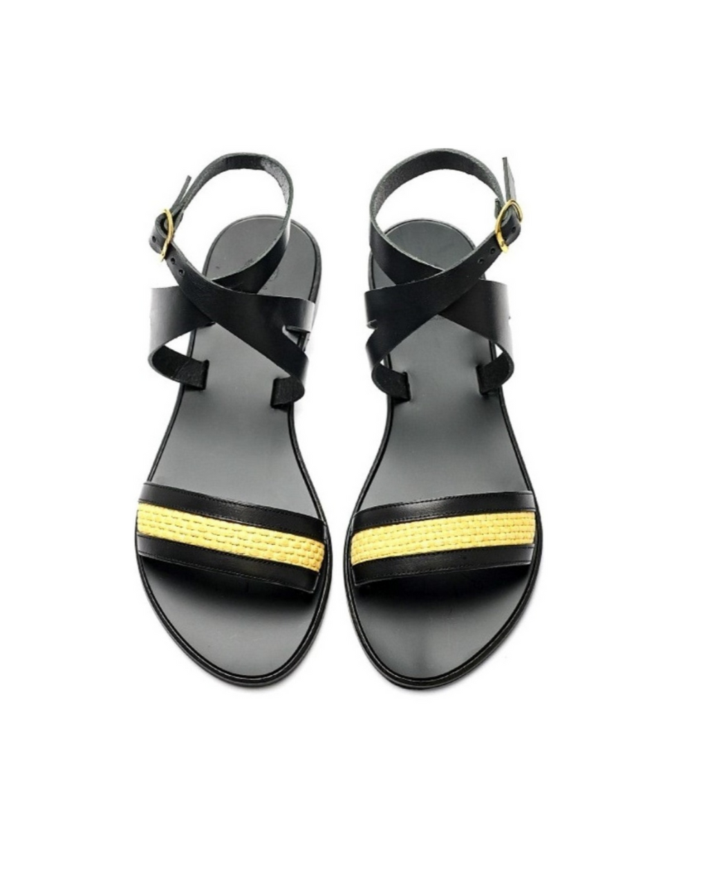 TheHolySandals Σανδάλια από ψάθα και μαύρο δέρμα, με φάσα μπροστά και χιαστί λουράκια με σχέδιο, που δένουν στον αστράγαλο.