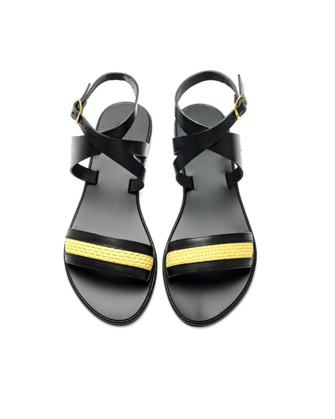 TheHolySandals Σανδάλια από ψάθα και μαύρο δέρμα, με φάσα μπροστά και χιαστί λουράκια με σχέδιο, που δένουν στον αστράγαλο.