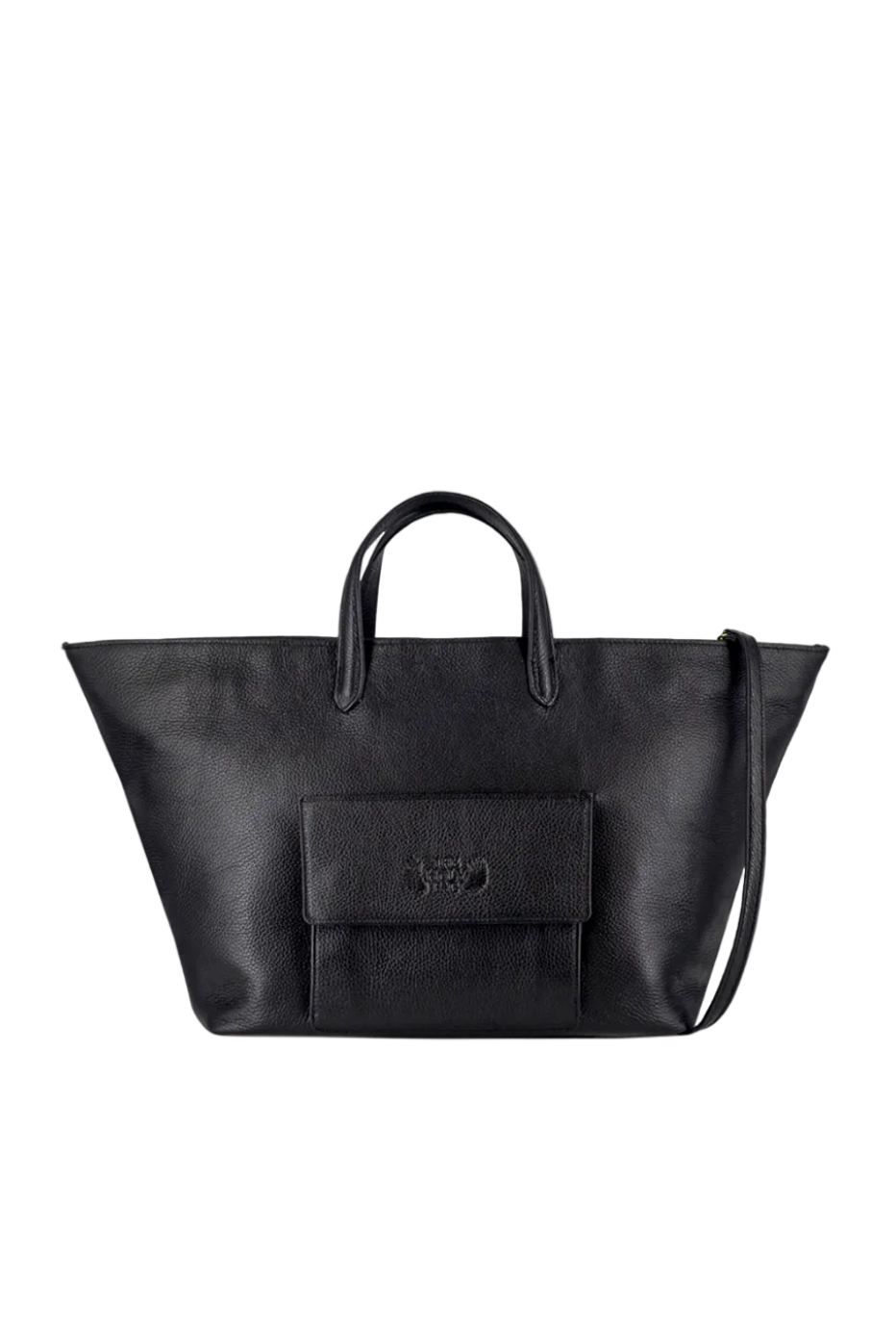 Cassandra black leather shopper with an outer pocket and a shoulder strap. Closes with two magnets The Holy Bag