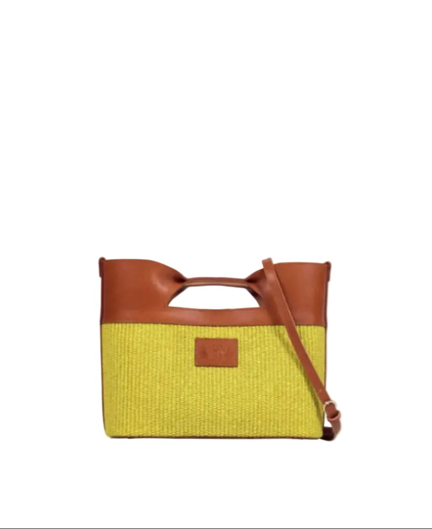 Canis Major tote bag in lime straw and tabac leather with shoulder strap -The Holy Bag