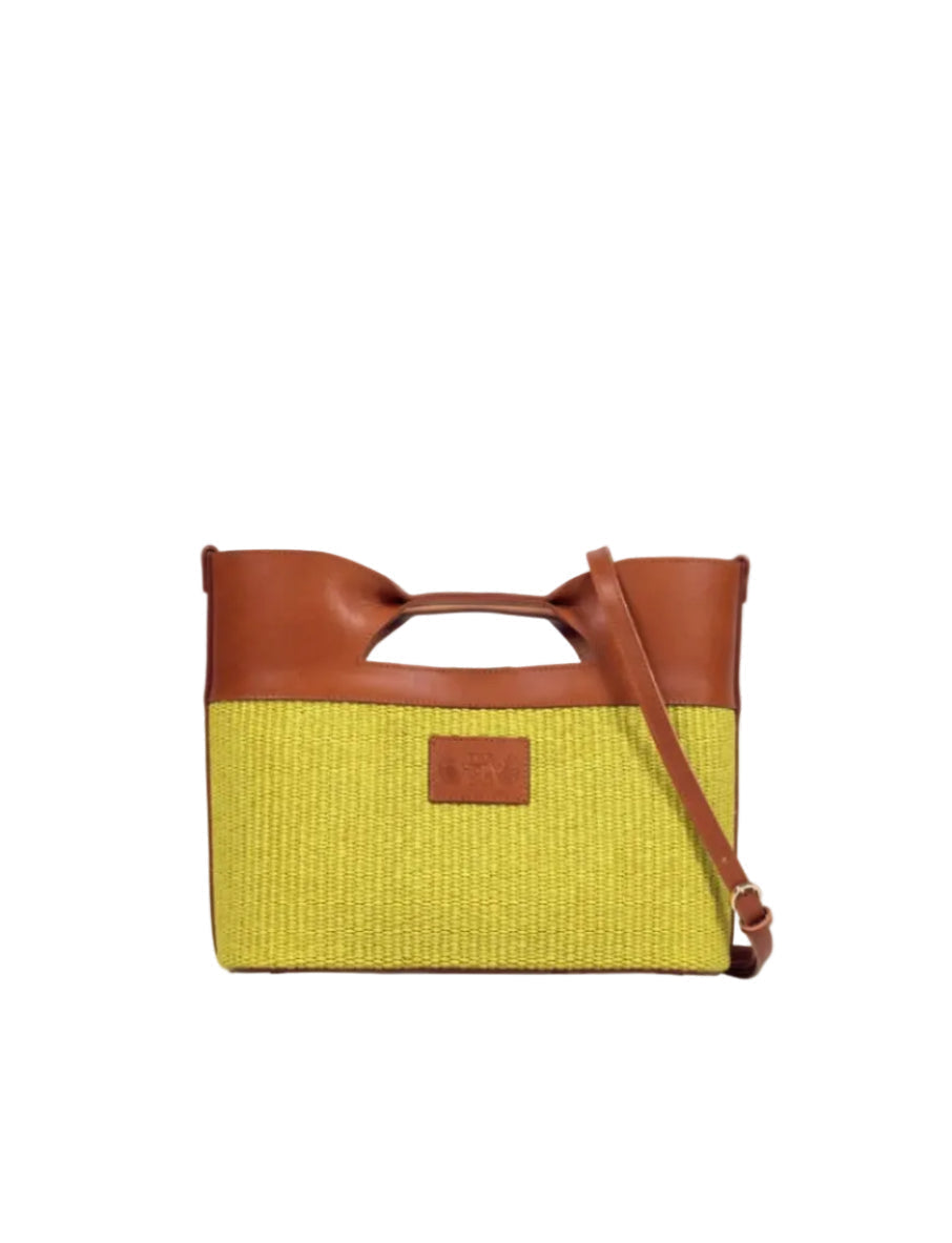 Canis Major tote bag in lime straw and tabac leather with shoulder strap -The Holy Bag