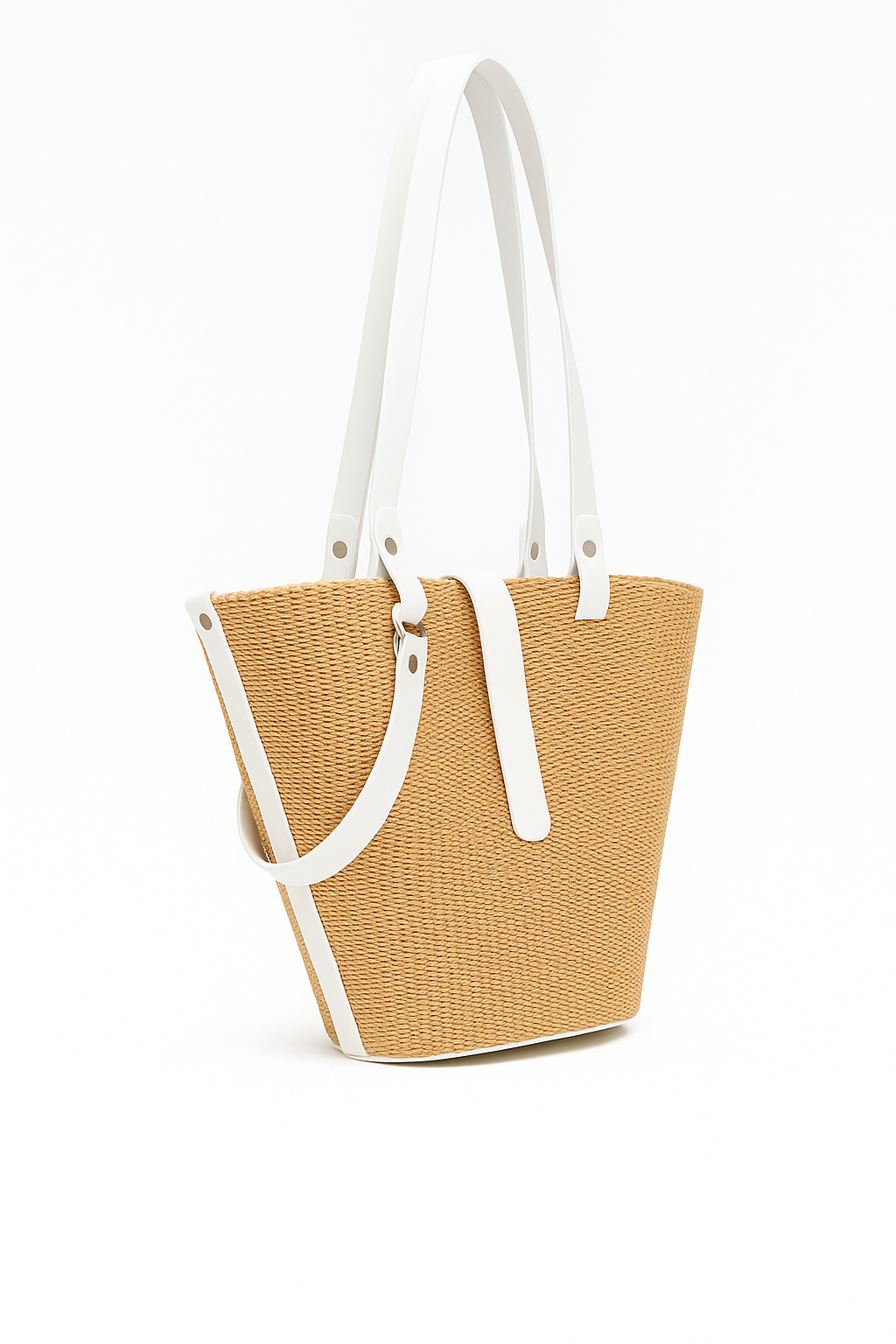 theholy bag γυναικεια τσαντα ώμου με διπλό λουράκι από ψάθα και λευκό δέρμα με διακοσμητικό και μαγνήτη
