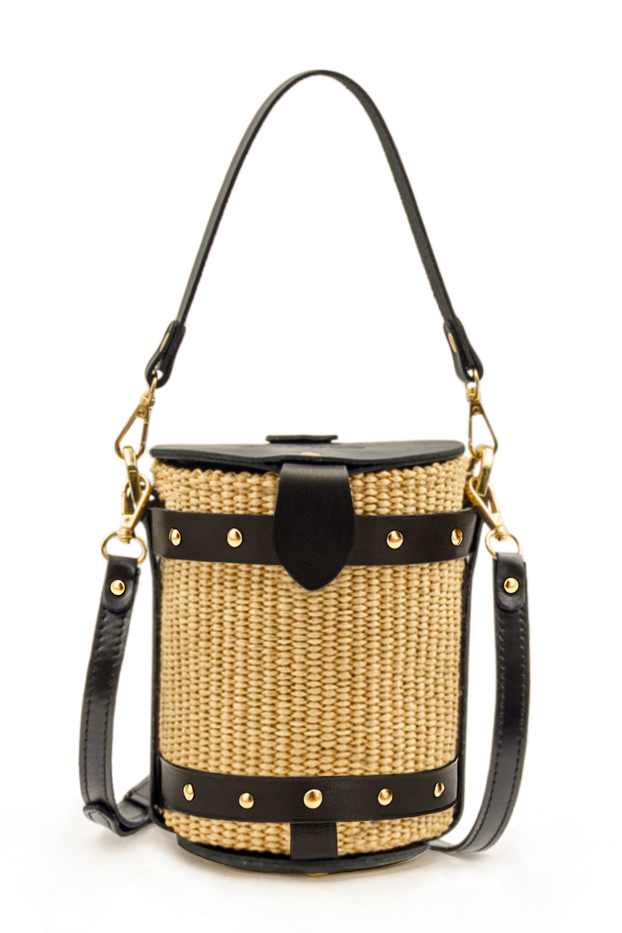 Vintage style small bucket bag in black leather straps and flap with golden metal details. With a handle and a shoulder strap.