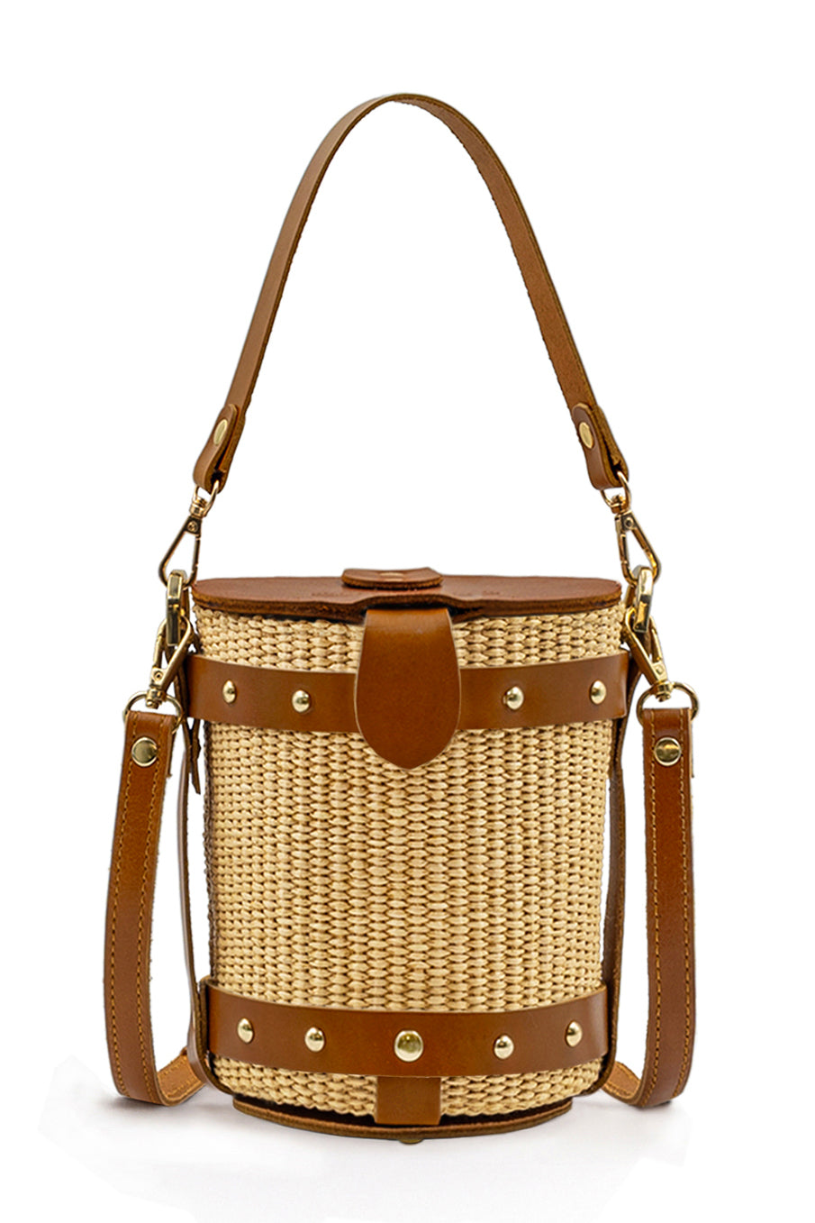 Vintage style small bucket bag in tobacco leather straps and flap with golden metal details. With a handle and a shoulder strap.