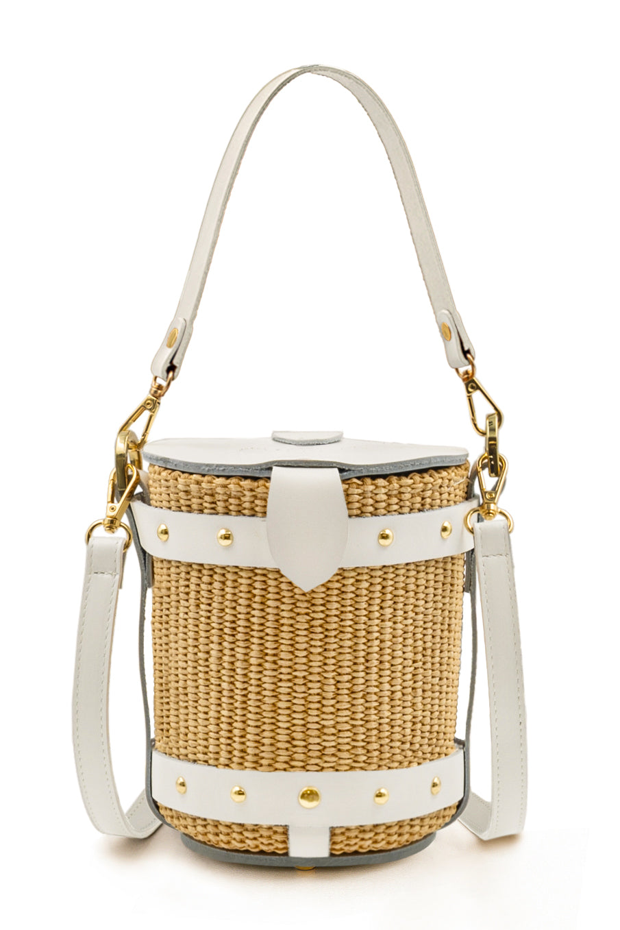 Vintage style small bucket bag in white vachetta leather straps and flap with golden metal details. With a handle and a shoulder strap.
