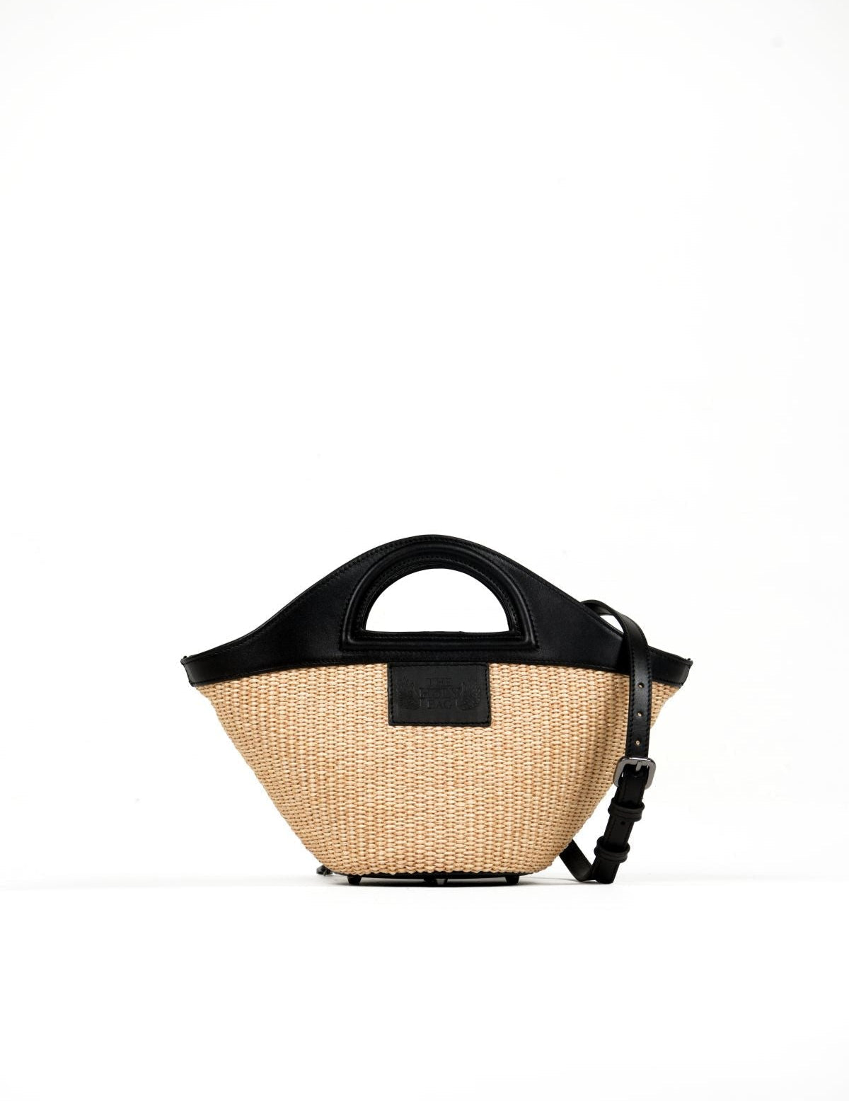 TheHolyBag Γυναικεία mini tote τσάντα από ψάθα και μαύρο δέρμα με handles και αποσπώμενο λουράκι ώμου.