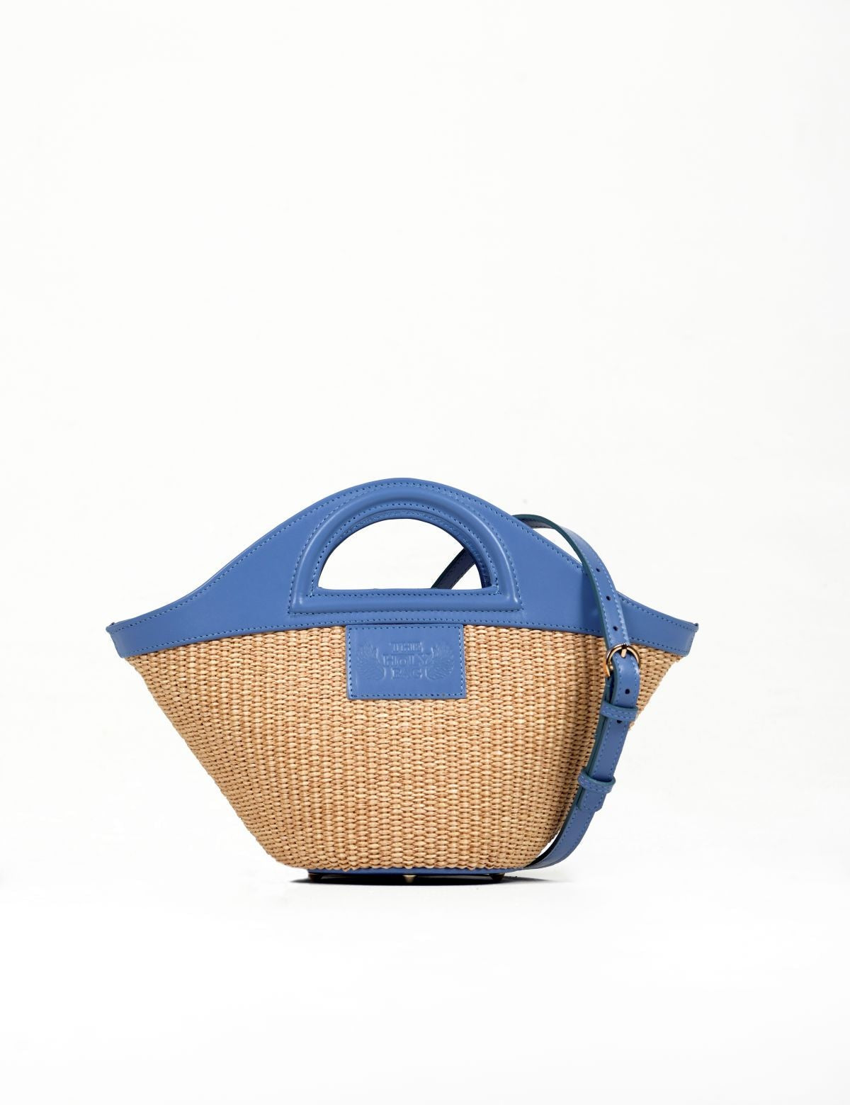 TheHolyBag Γυναικεία μίνι tote τσάντα από ψάθα και γαλάζιο δέρμα με handles και αποσπώμενο λουράκι ώμου.