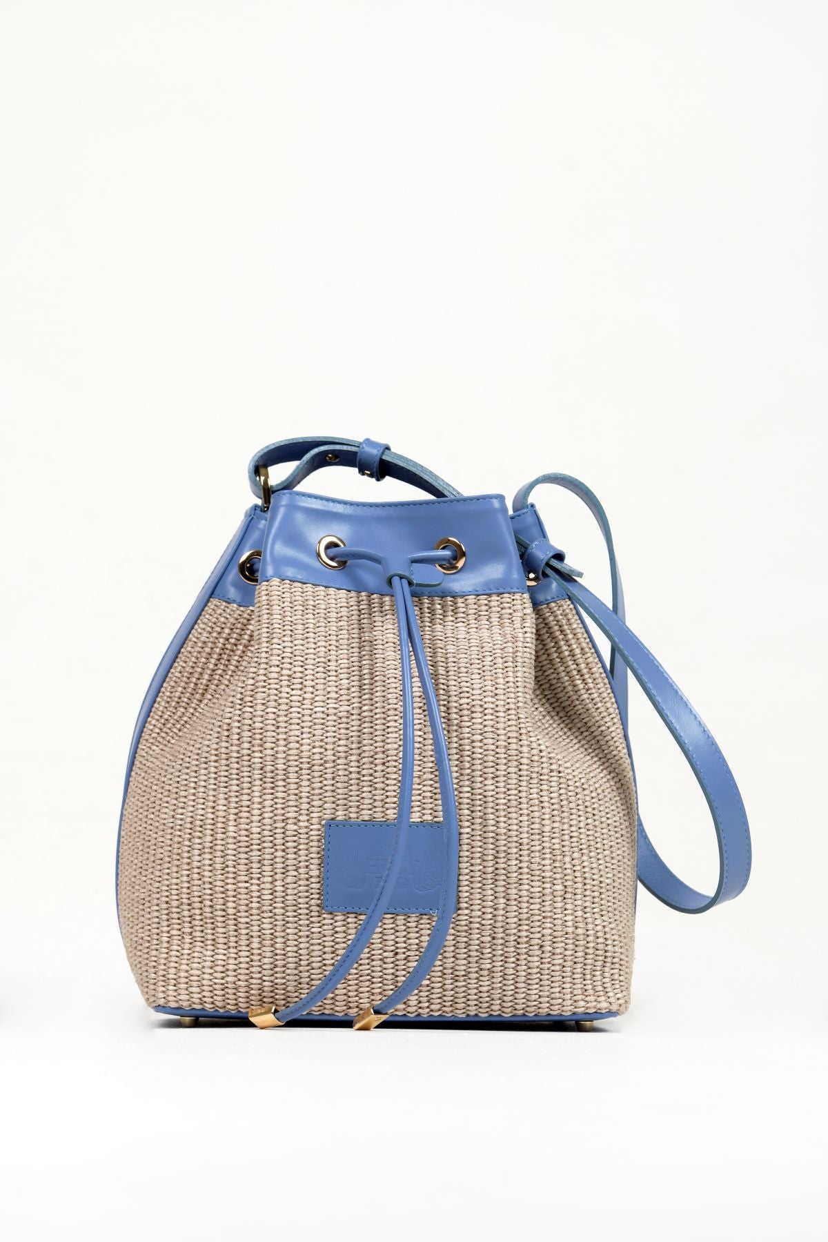 Theholybag πουγκί γυναικεία τσάντα ώμου pouch bag ψάθα και μπλε δέρμα