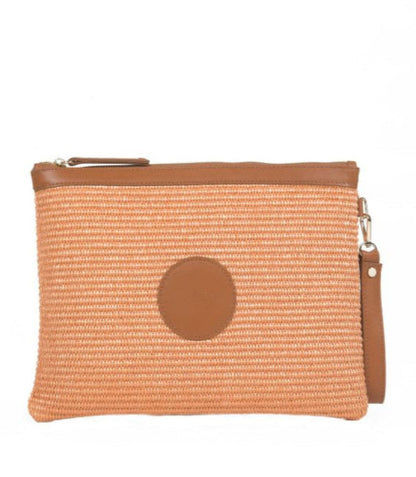 Theholybag clutch bag in orange straw an tabac leather