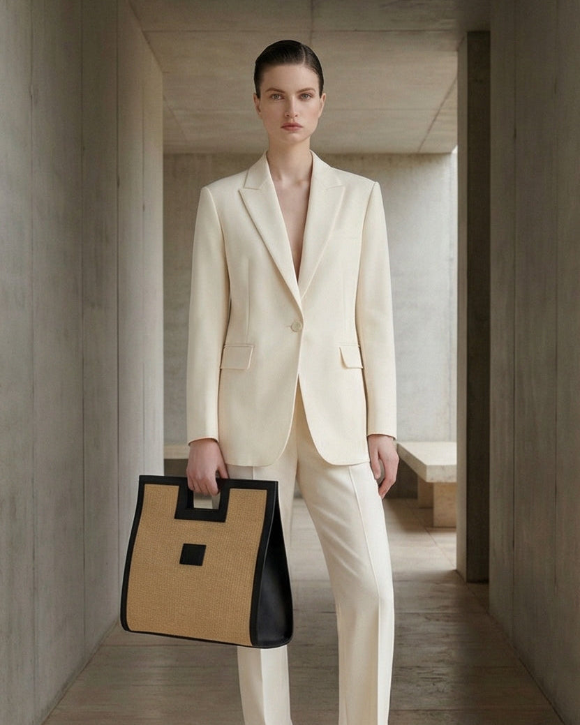 Square tote bag in natural straw and black leather with detachable shoulder strap and inner pocket, Draco. The Holy Bag
Γυναικεία τσάντα χειρός με ορθογώνια λαβή και λουράκι ώμου, από ψαθα και δέρμα, με εσωτερική τσέπη, The Holy Bag