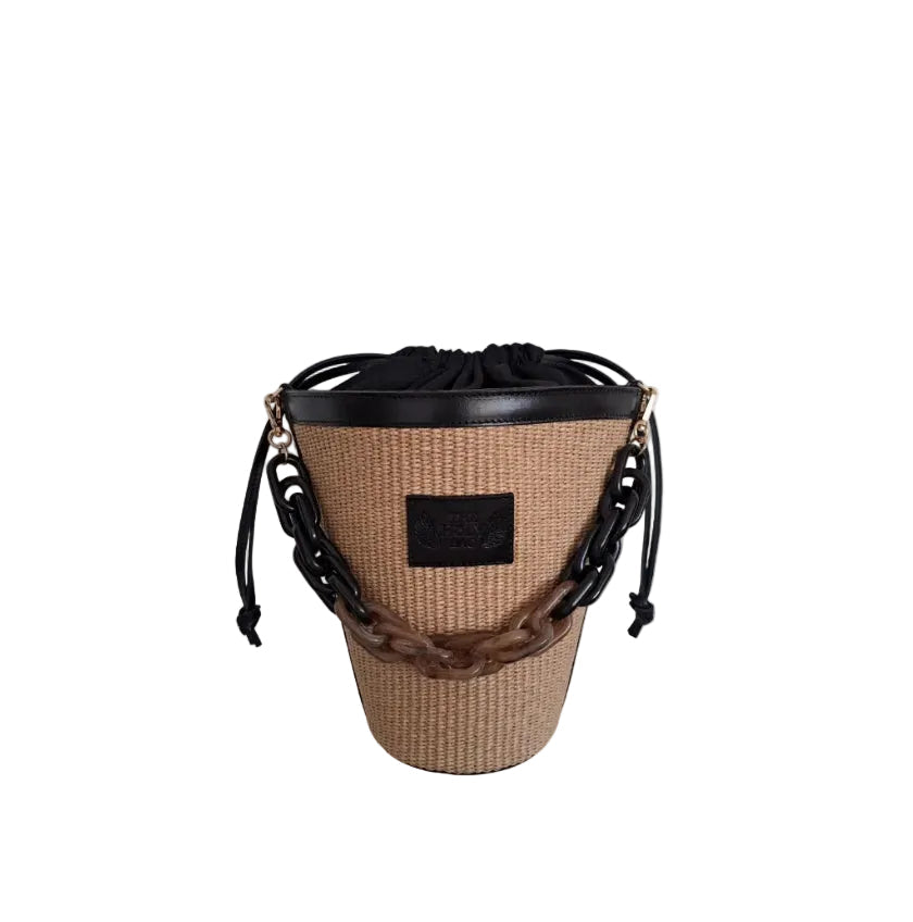 Straw bucket bag with tortoiseshell handle, Eleni - The Holy Bag