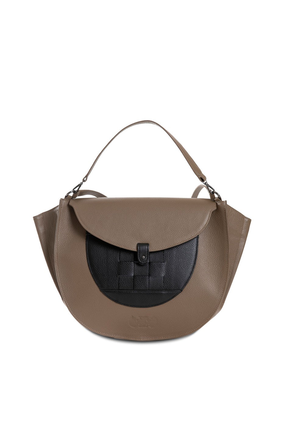 Greta taupe black leather tote bag with flap, handle and shoulder straps